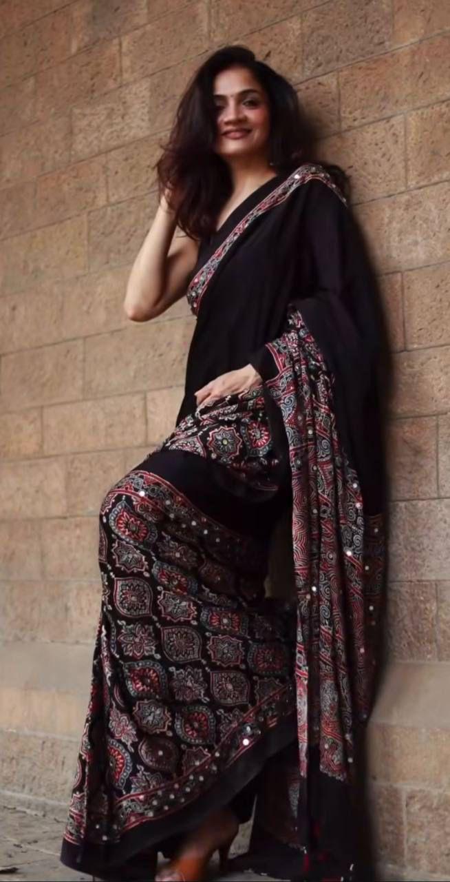 Semi Model Silk Ultra Soft With ajarakh Print And All Saree Real Mirror work