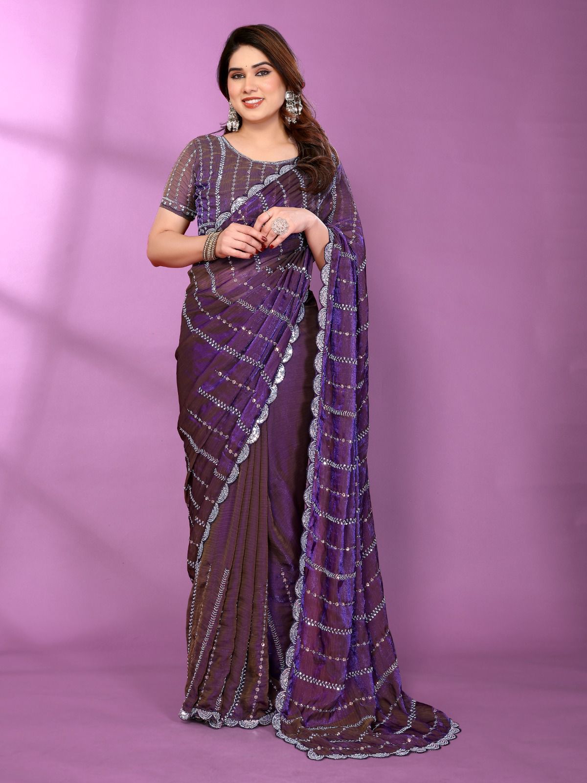 Beautiful multi sequins and Beads Embroidery Work Saree