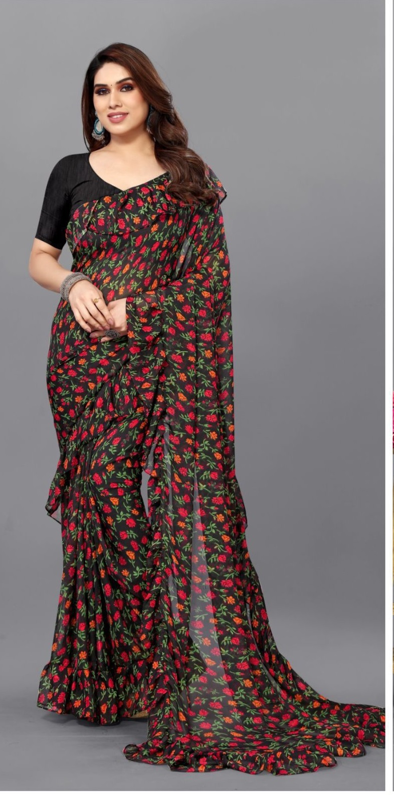 GEORGETTE BEAUTIFUL PRINTED SAREE WITH RUFFLE