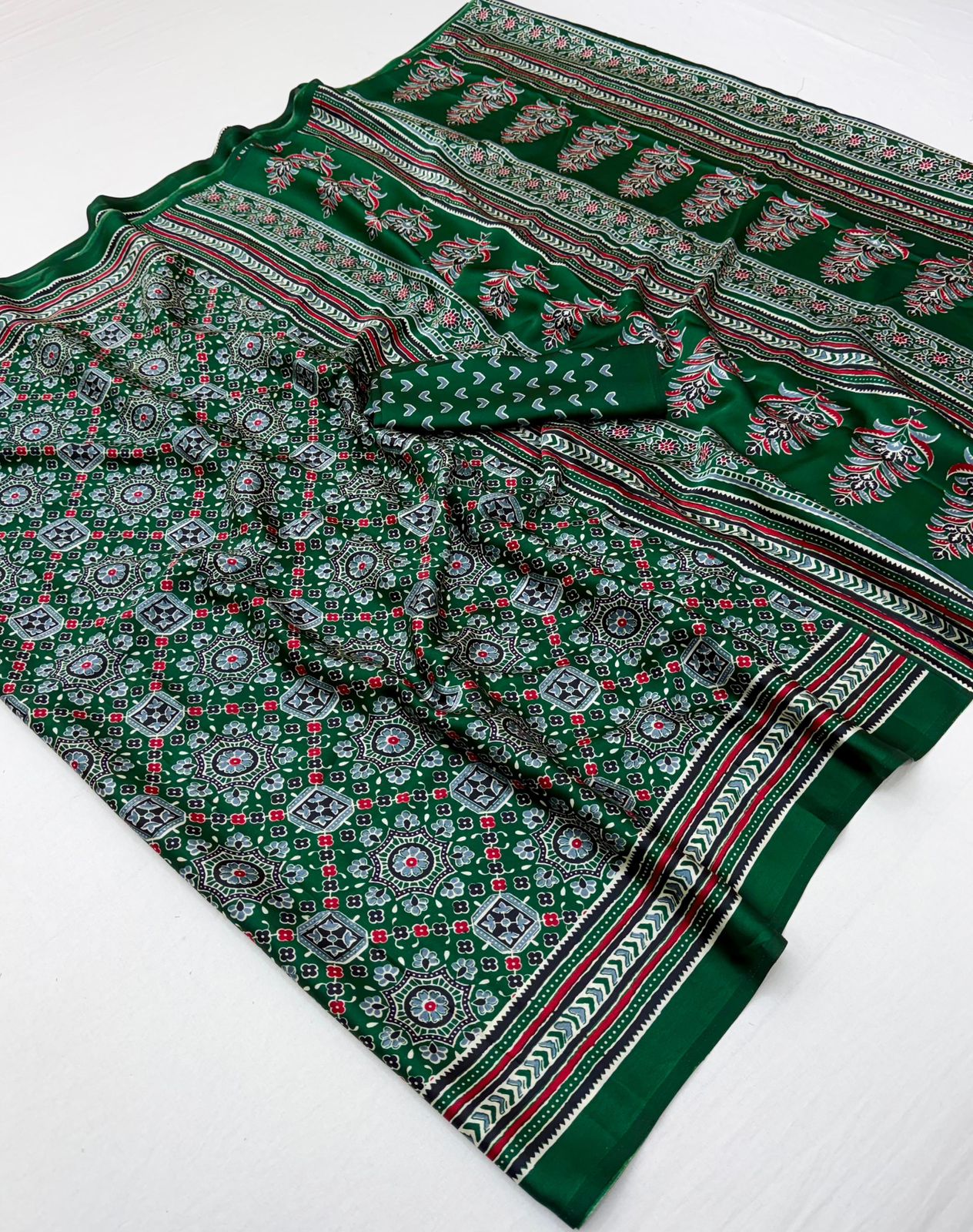 MODAL SATIN PRINT AJRAKH SAREES
