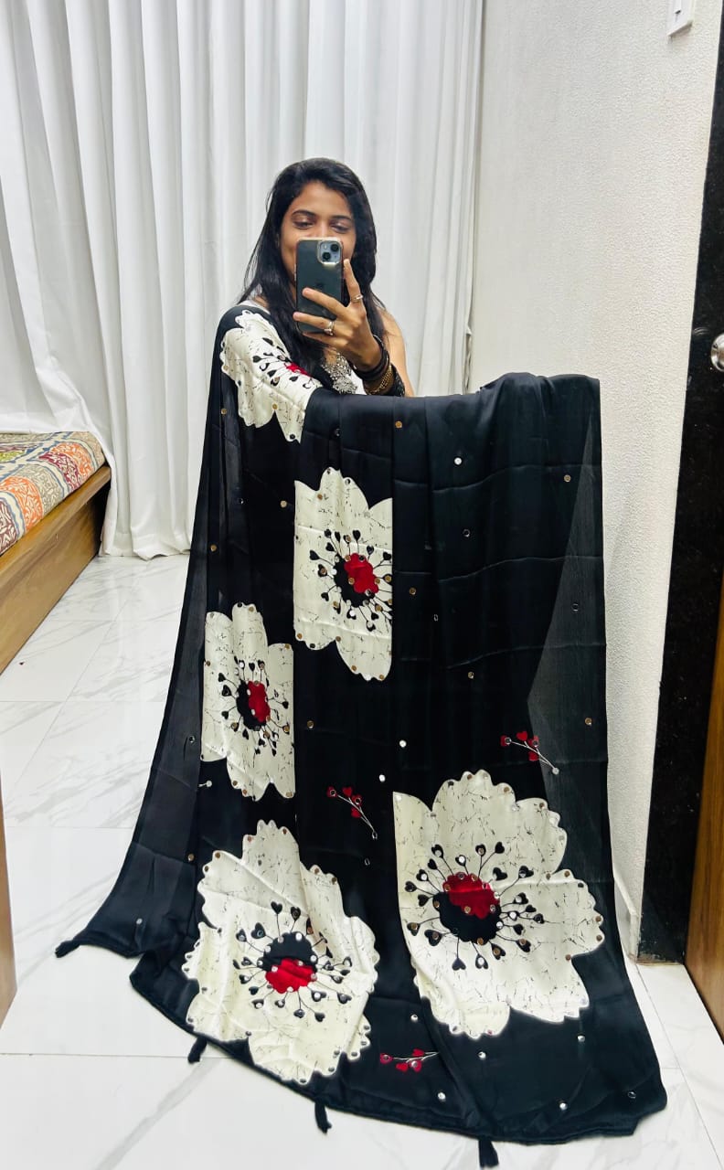 AJRAKH pure Gajji bandhej Supar mirar work saree