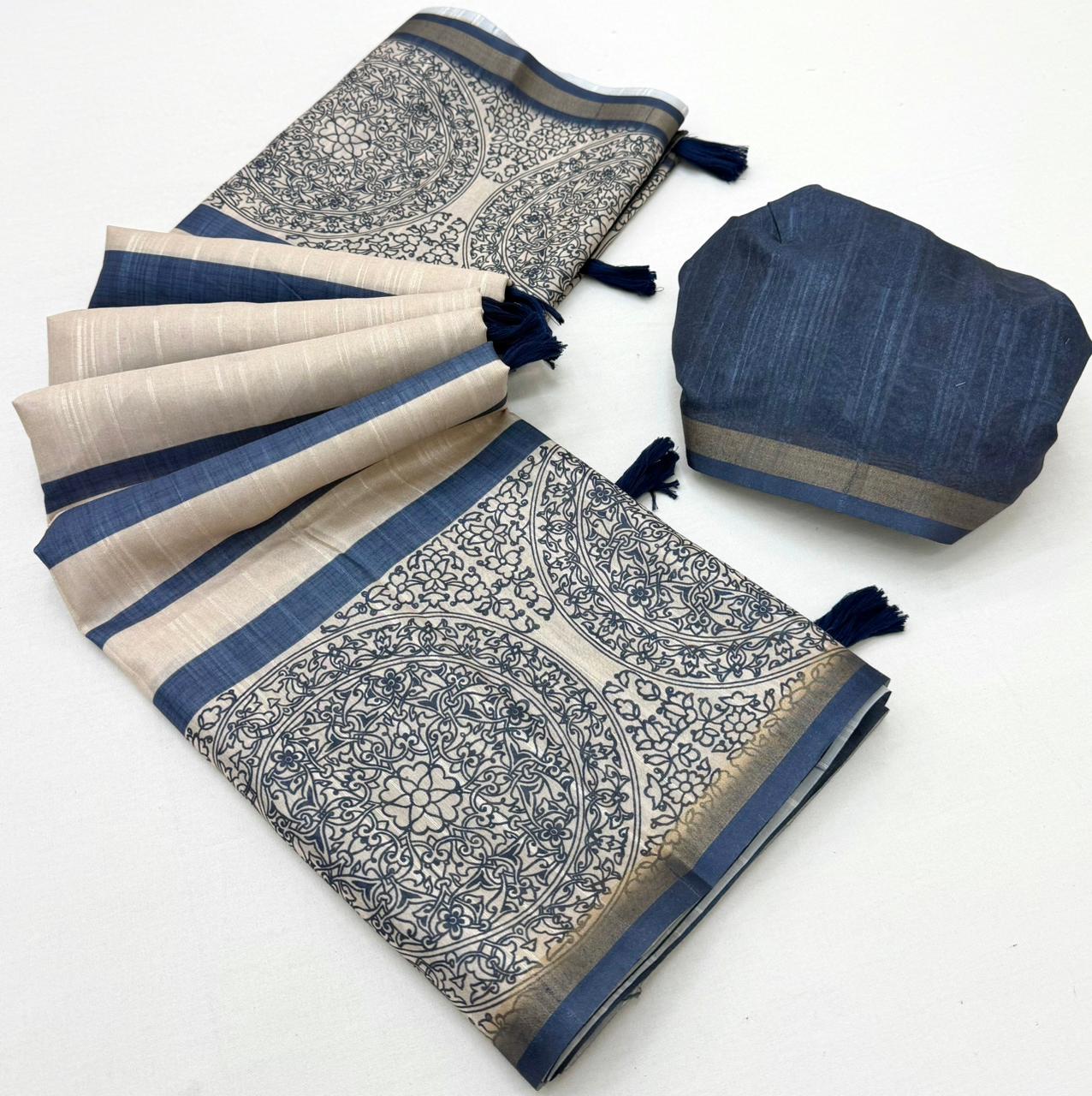 Cotton Silk with Self weaving Fabric & beautiful Print & Tassels