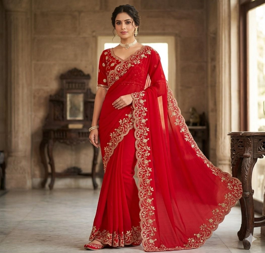 Pure Fandy satin silk with sequence and zari embroidery work with Cutwork border Saree