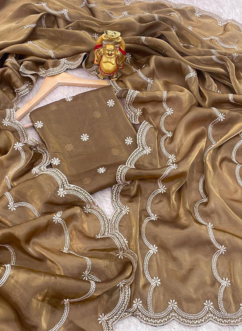 Jimmy choo fabric with C-pallu embroidery  thread work and amazing cutwork