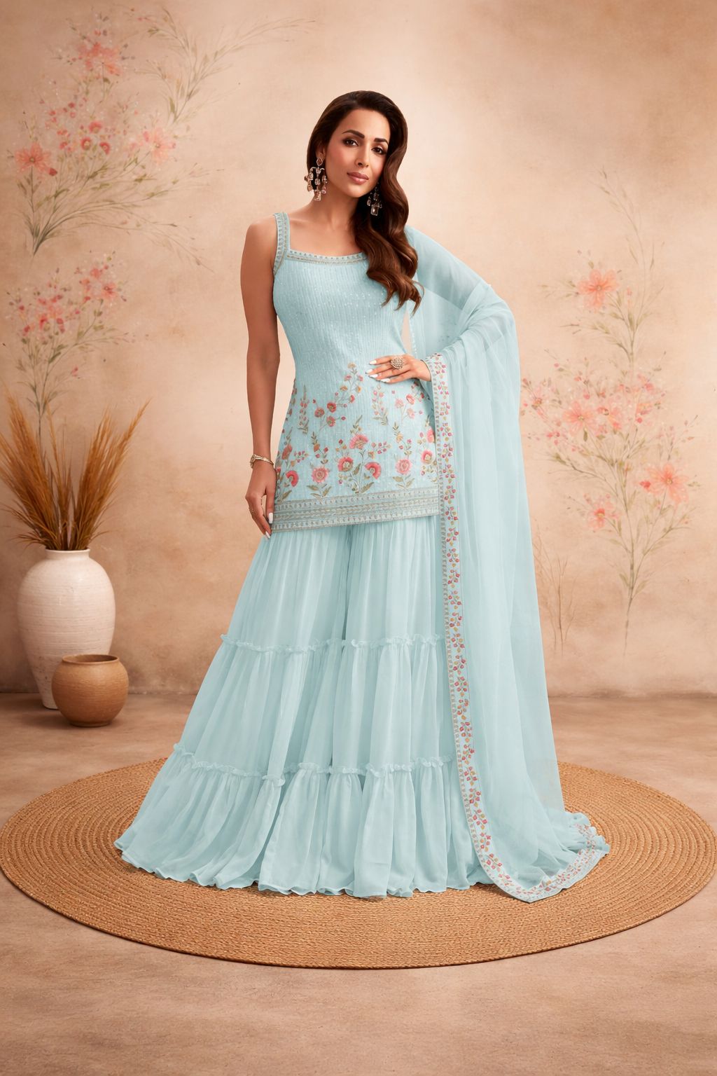 semi-stitched fancy plazzo suit is crafted in heavy fox georgette