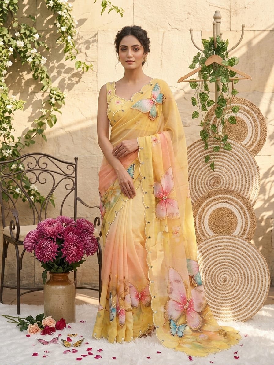 Soft Tabby With Beautiful 3d Digital Print with Beautiful Khatali Handwork Saree