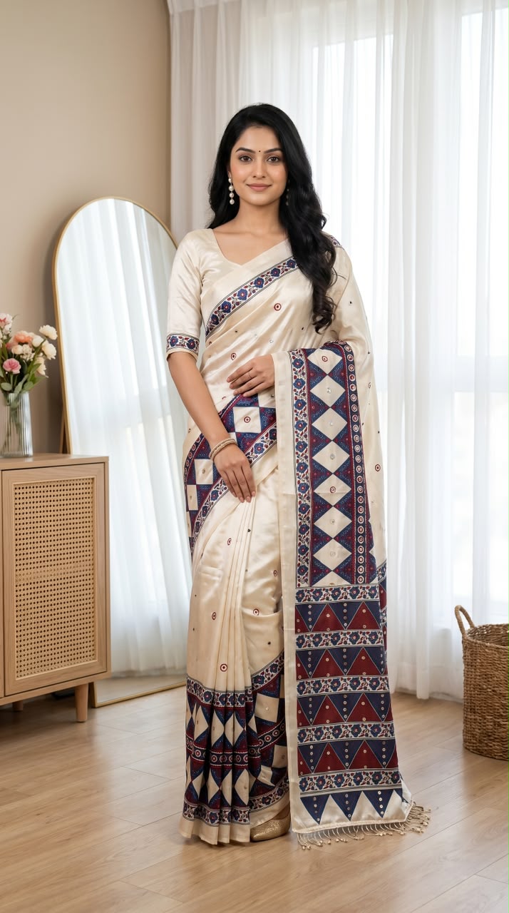 Soft Chinon Fabric With Beautiful Ajarakh Print With Real Mirror Work Saree
