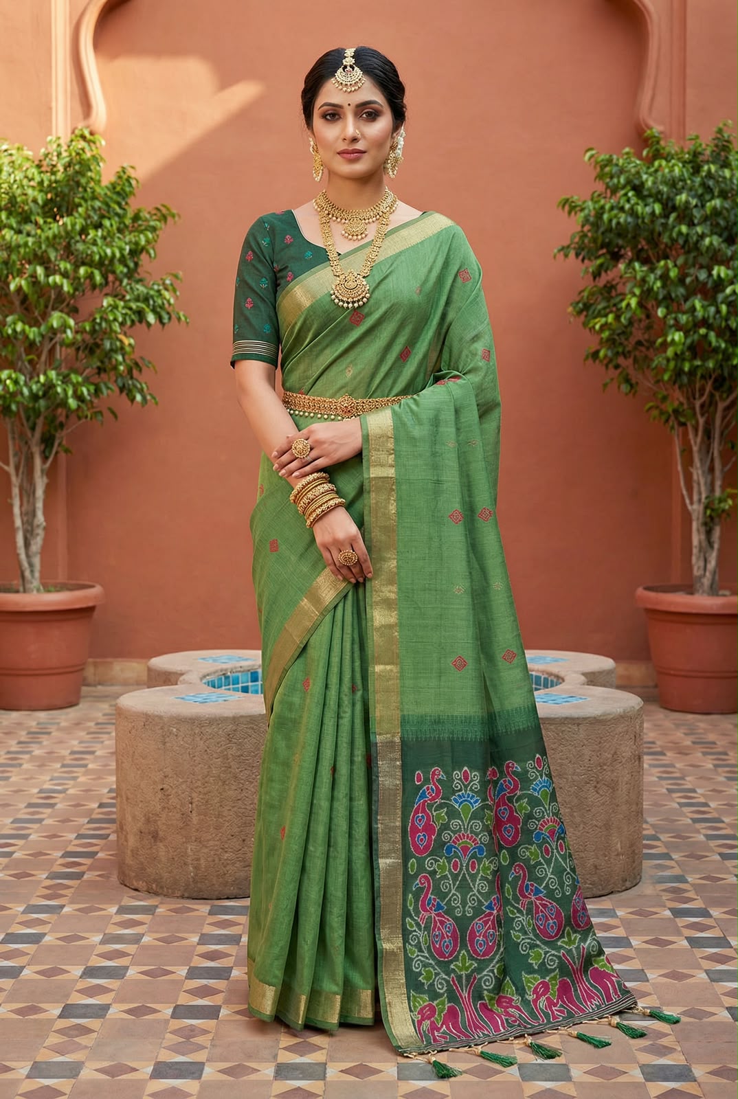 Soft Pure Muga Cotton saree with Meenakari weaving touchup motifs design all over 