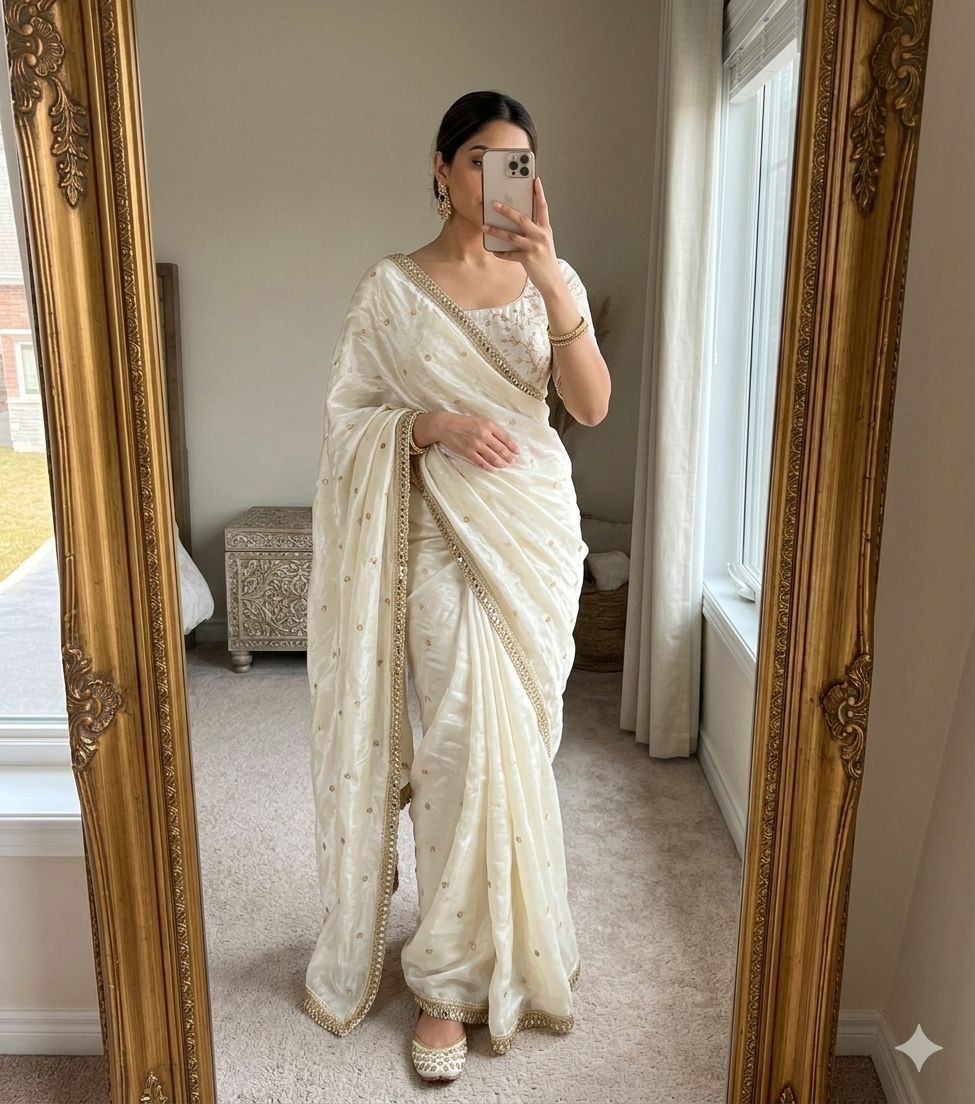 Space Sattin Multi Sequence Full Worked Saree With Original Mirror Lace 