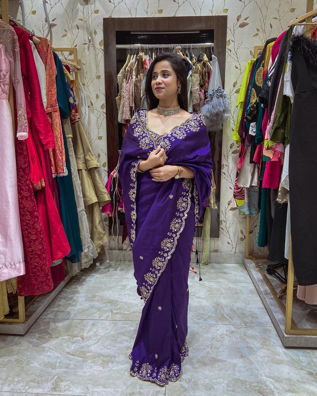 Pure Two Tone Vichitra Silk Heavy Embroidery Saree 