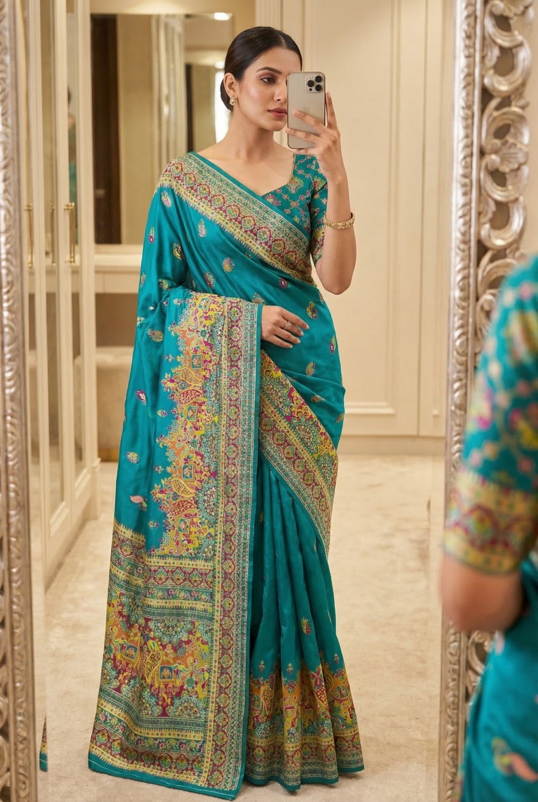 Stunning Pashmina Silk Saree featuring a rich, smooth body paired