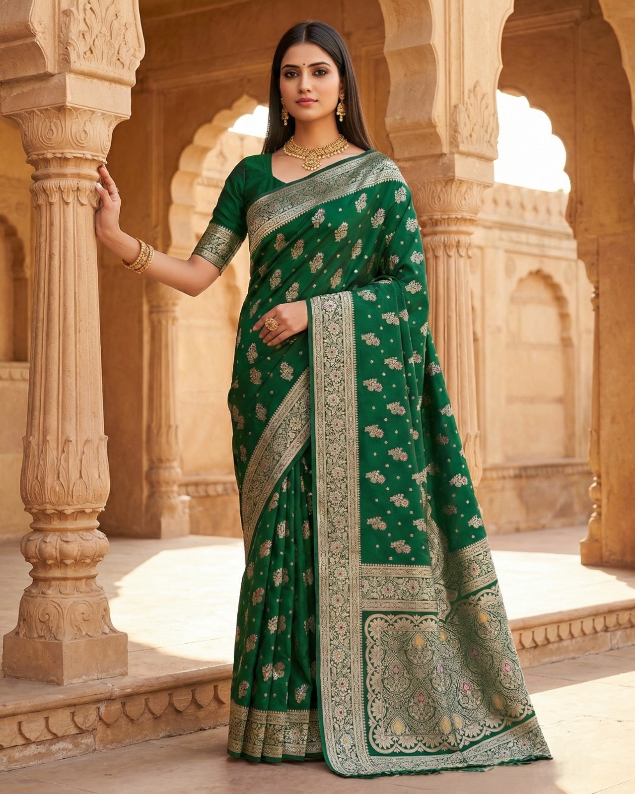 Soft Banarasi Katan silk saree with gold zari weaving design motifs all over the saree