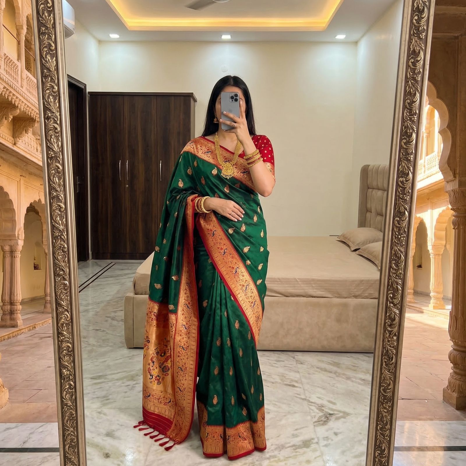 Peacock hues dancing on silk threads A symphony of tradition in a Paithani saree