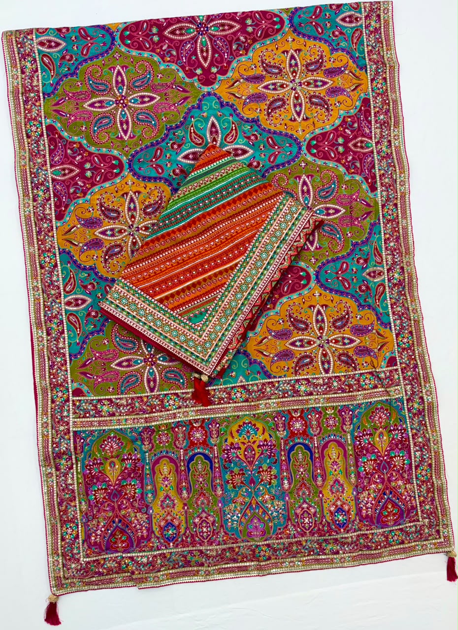 Pure Crepe Position ?Print with Heavy Embroidery Saree