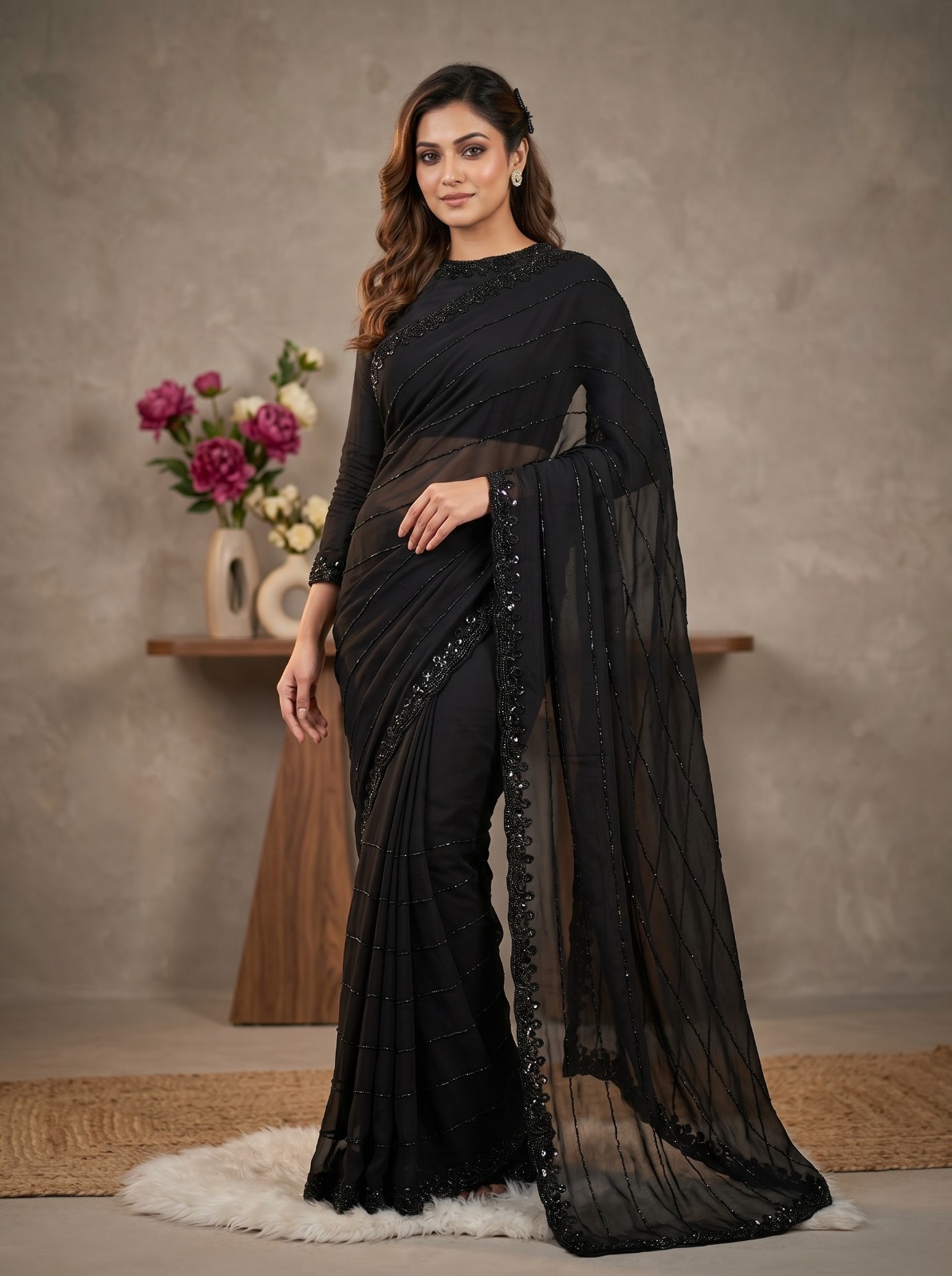 Pure Fox Geogate With Beautiful Original Black Beeds Work with Cut  work border Saree