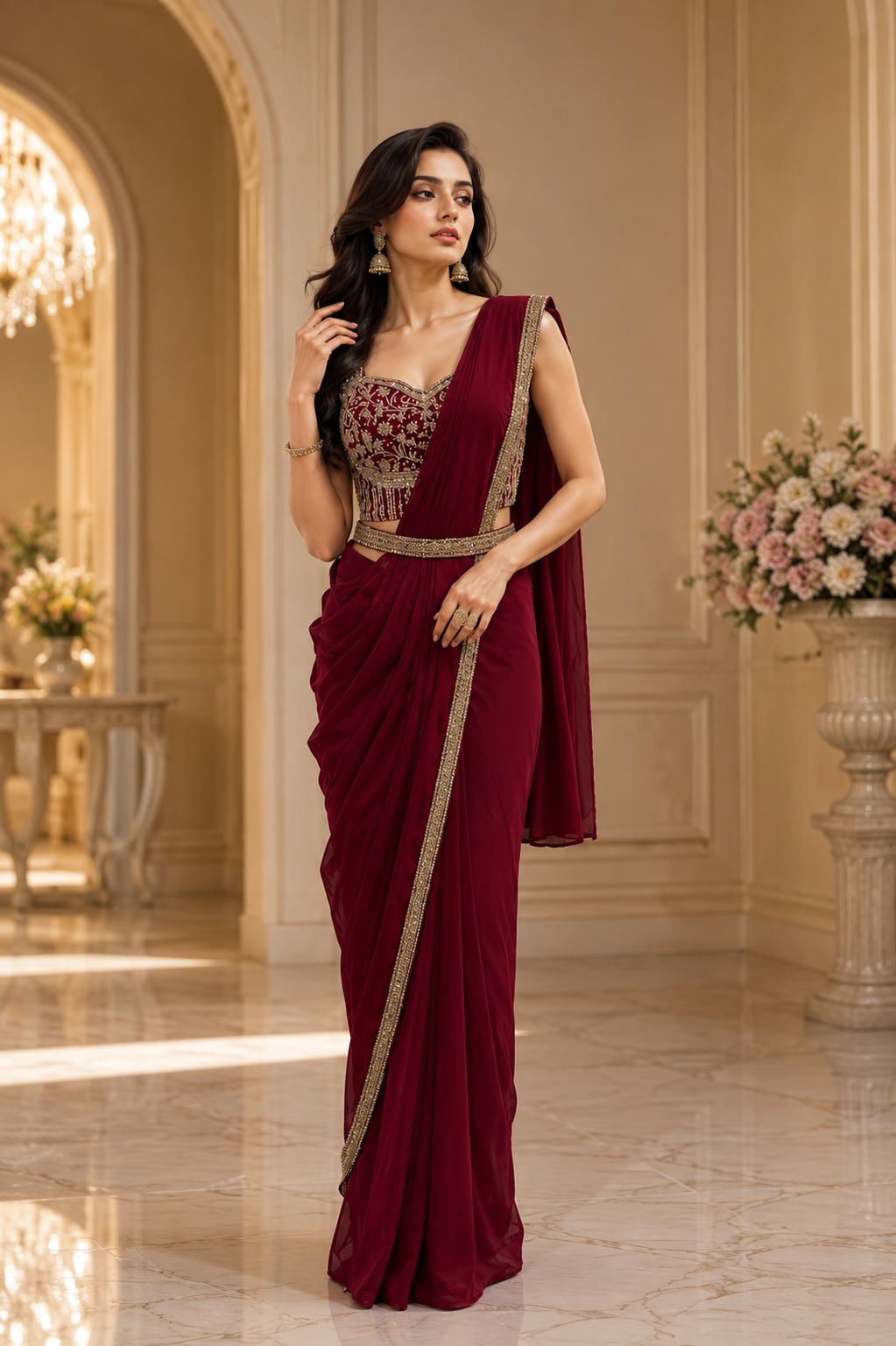 READY TO WEAR SAREES  BEADS WORK CANDY CRUSH FABRIC