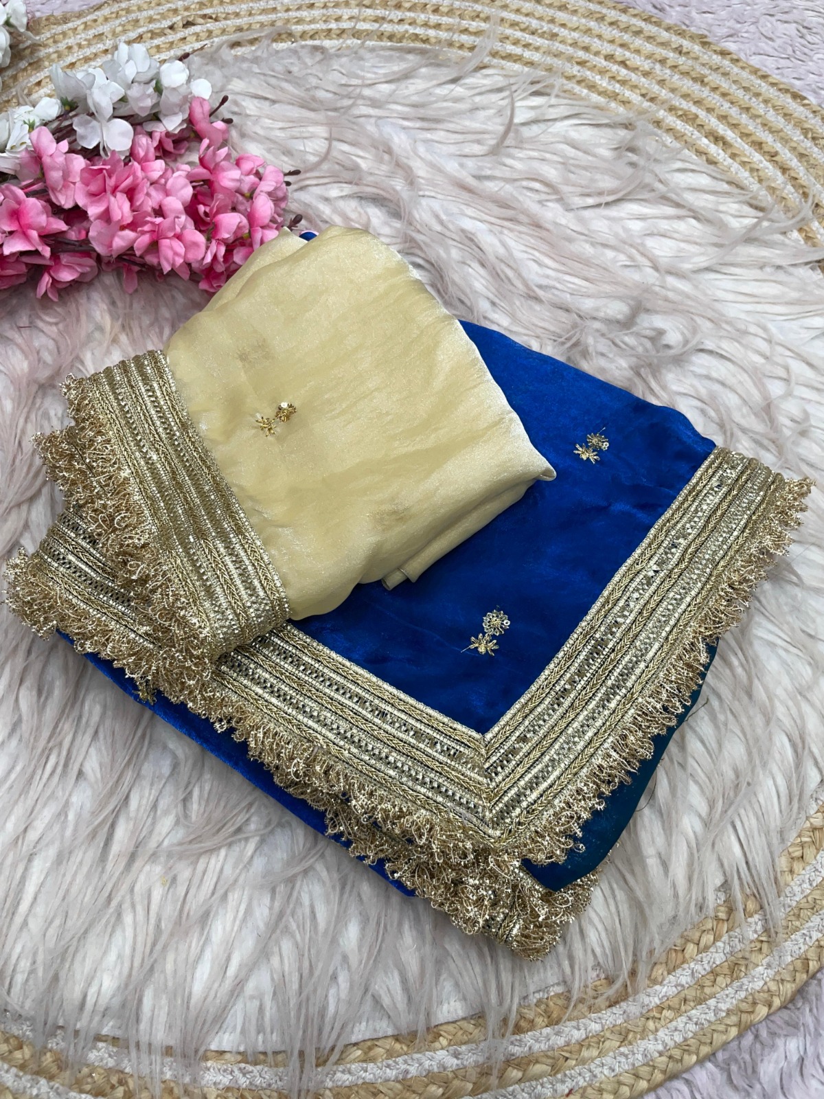 Fandy sattin Fabric With Beautiful Sequence  butti all over Saree