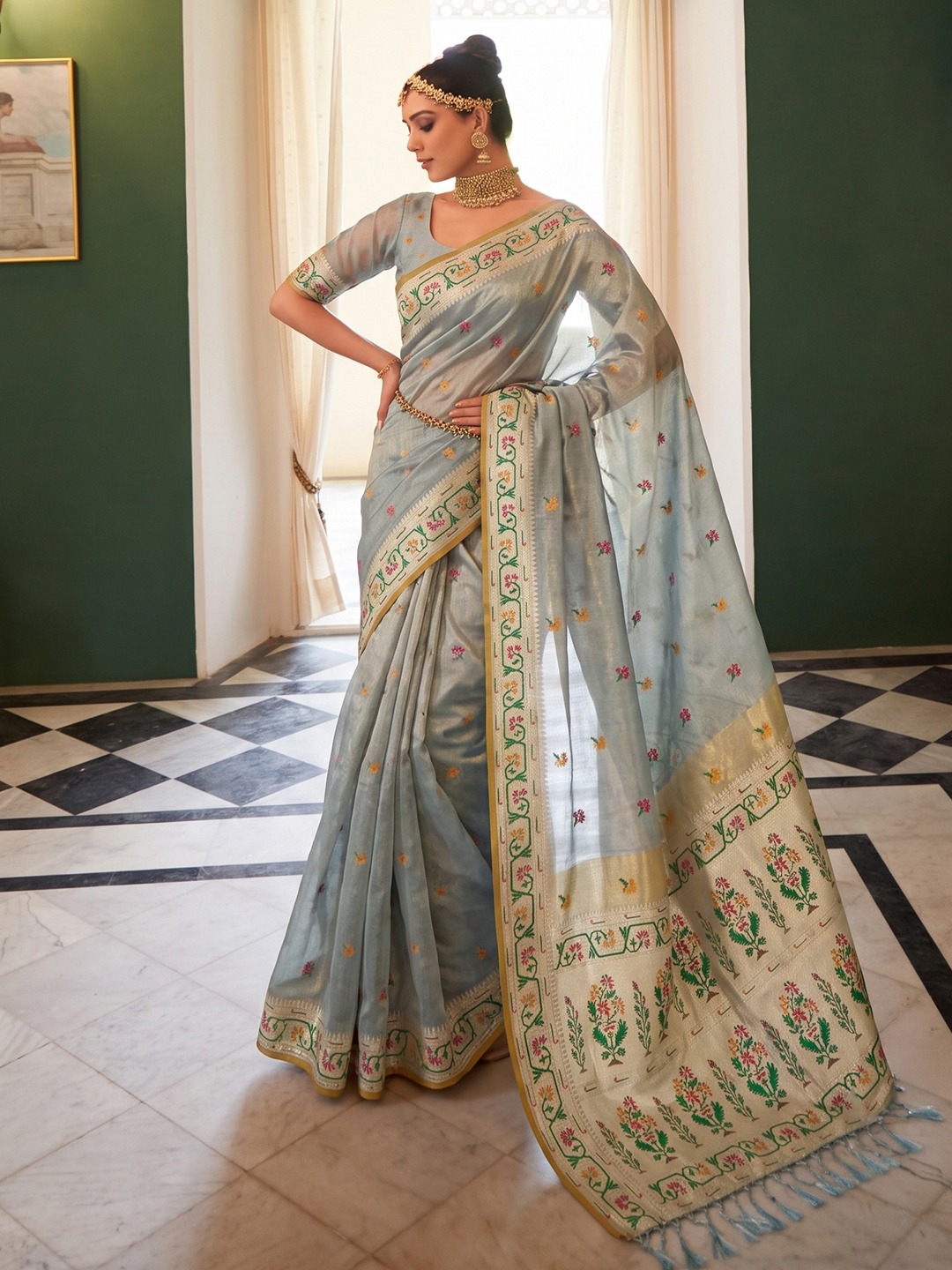 Tissue Silk WITH MEENA WORK FABRIC SAREE 