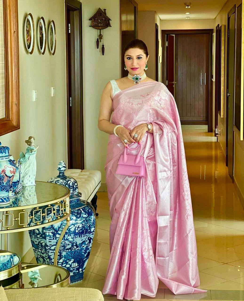 SOFT LICHI SLIK BEAUTIFUL RICH PALLU & JACQUARD WORK ON ALL OVER THE SAREE