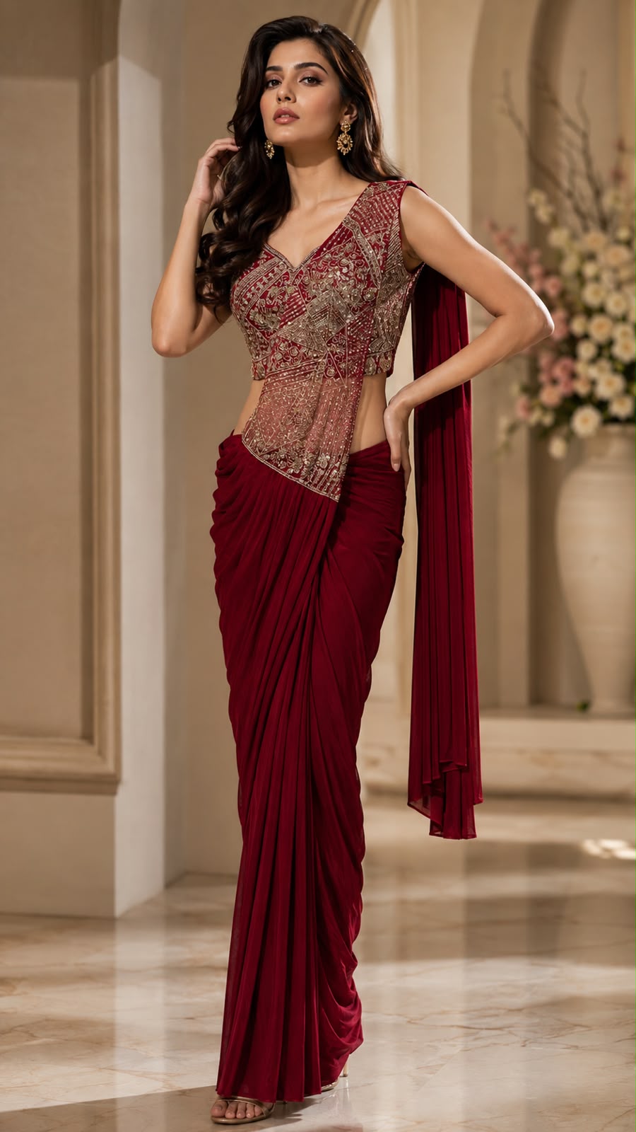 READY TO WEAR SAREES  BEADS WORK IMPORTED LYCRA FABRIC