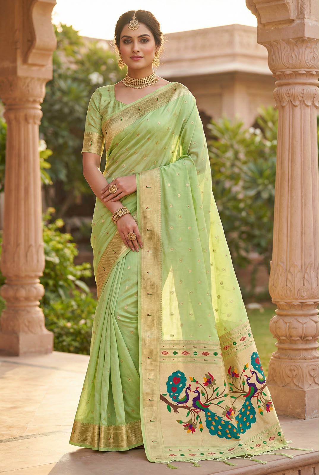 Soft and lustrous Organza silk fabric With Paithani Style offering a smooth, lightweight feel