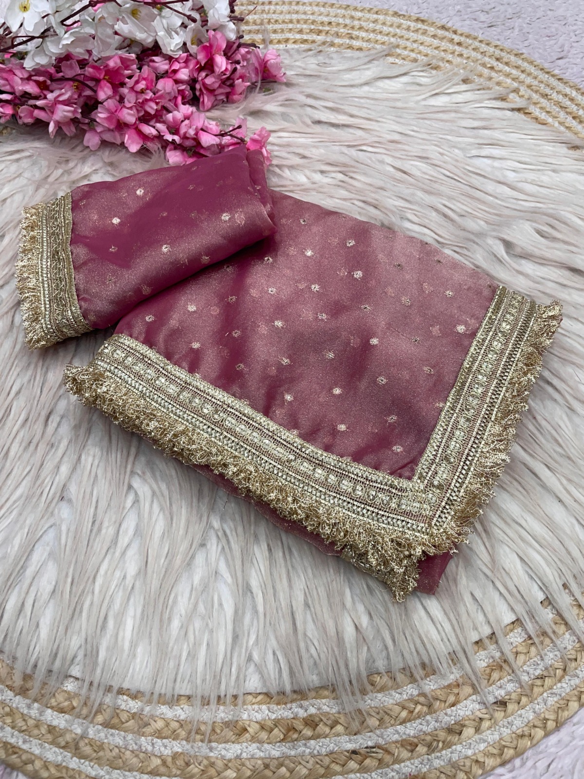 N*C Moss Fabric With Beautiful Jari butti all over Saree