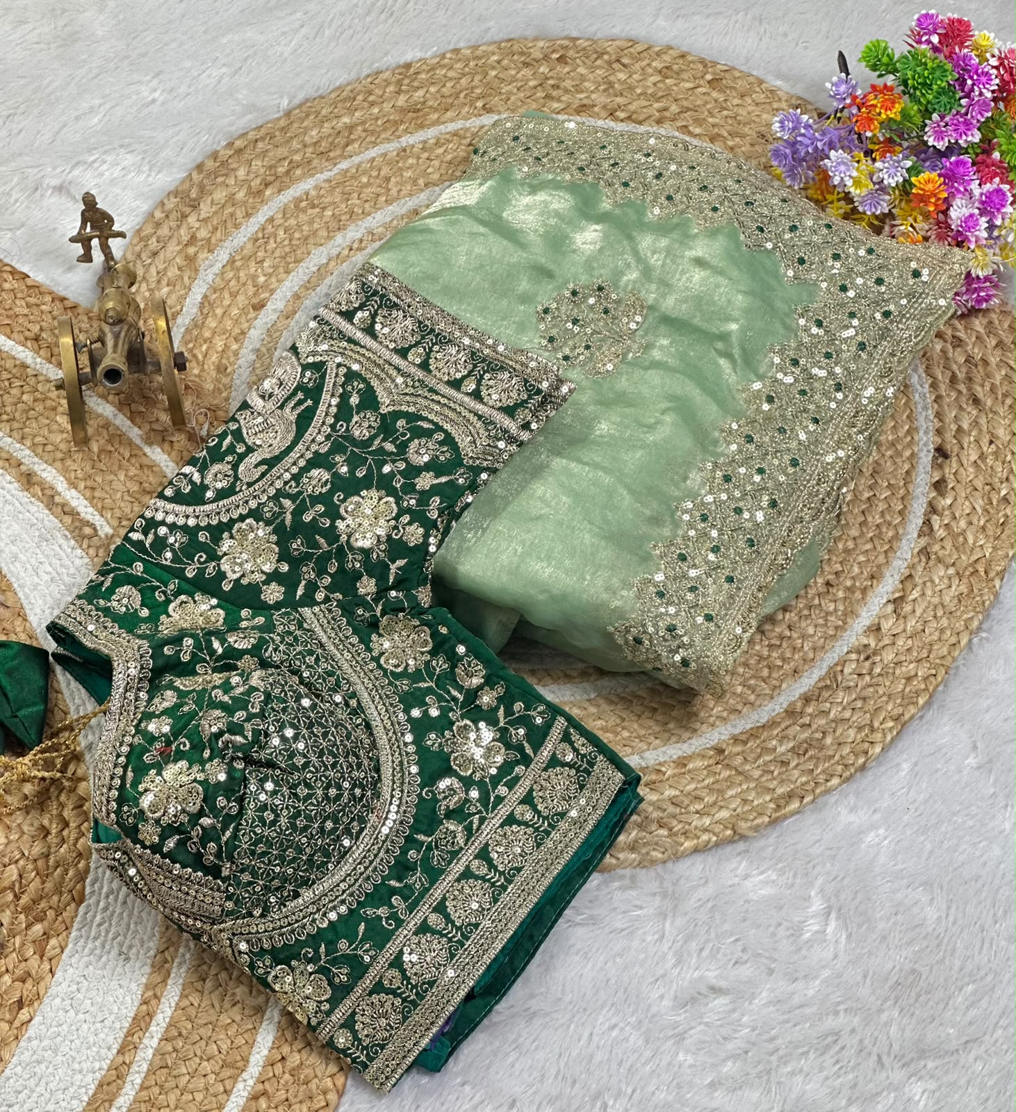 Pure Fandy satin material with c pallu embroidery work with sequences and cut work border