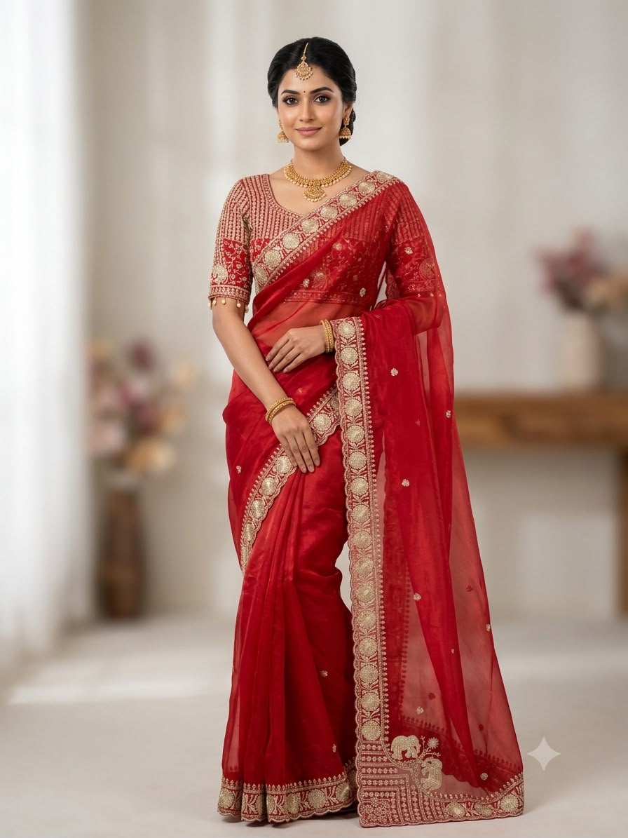 Pure Fandy satin material with c pallu embroidery work with sequences and cut work border