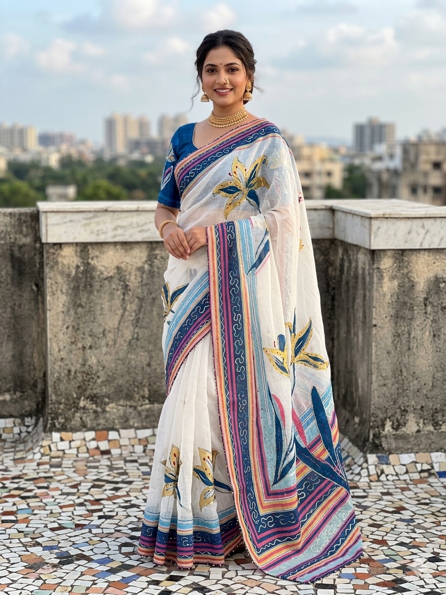 Pure Soft linen coton silk with digital print and Khatli and foil work with stone attched