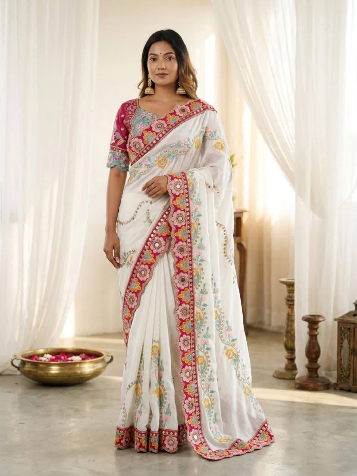 Rangoli silk fabric with sequence and Dori embroidered work with real mirror Saree