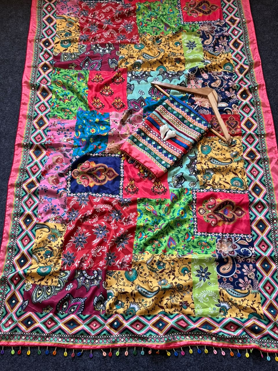 Soft Chinon Fabric With Beautiful Ajarakh Print With Real Mirror Work HIT PRINT SAREE
