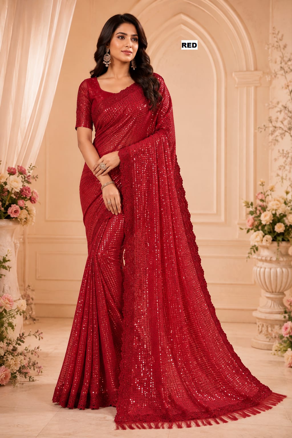 BEAUTIFUL HEAVY MULTY THREAD & SEQUINS EMBRODERY CUTWORK LACE BORDER SAREE
