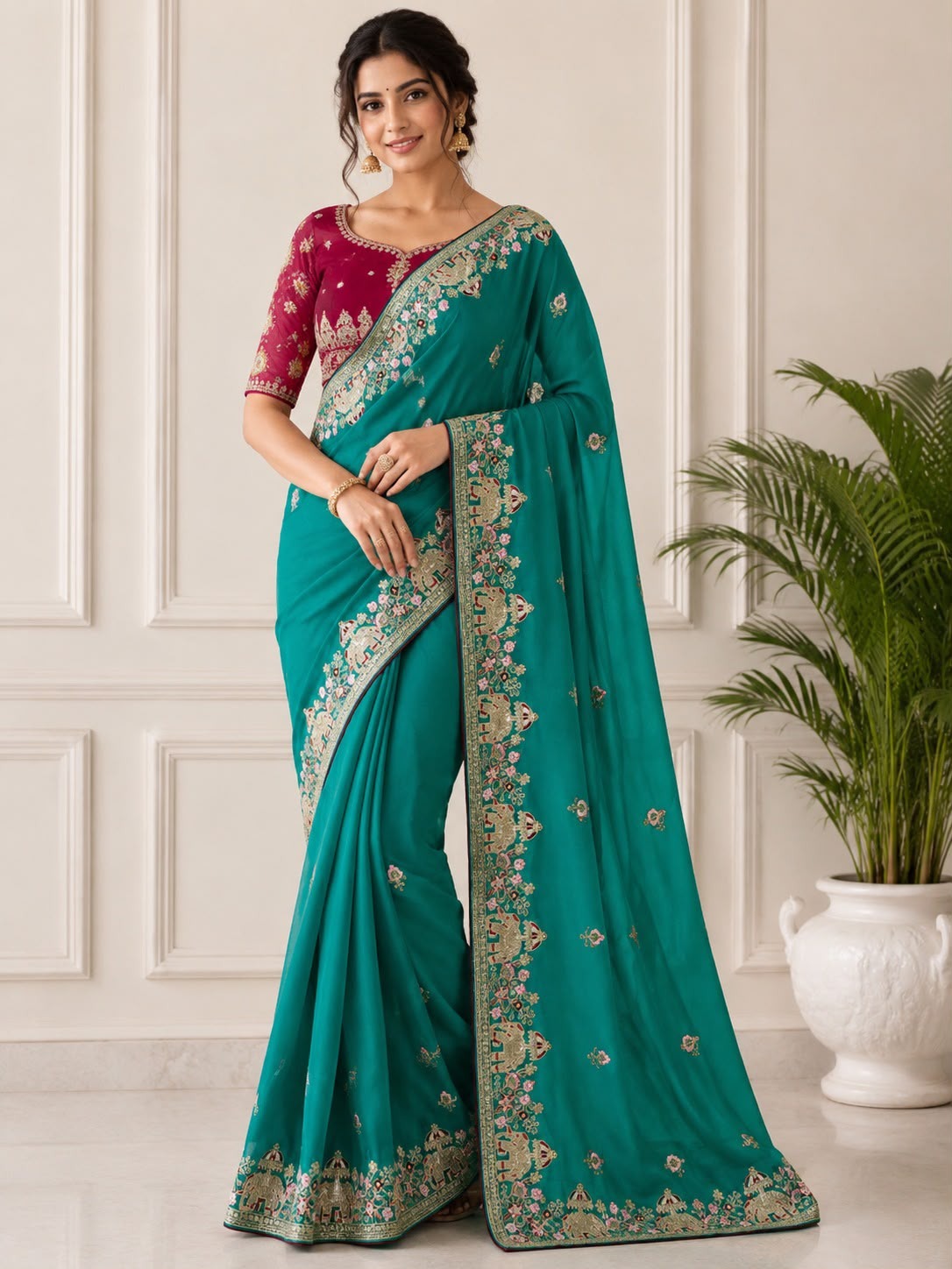 Pure star Georgette fabric with c pallu embroidery work with sequences and piping border