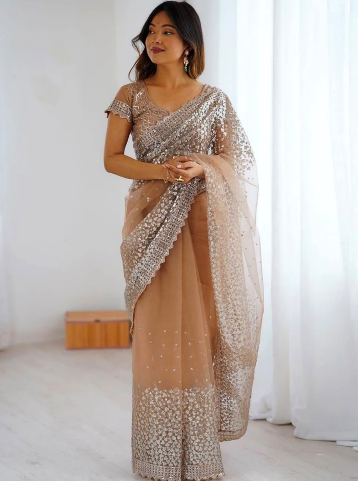 Net fabric with sequence embroidery work with Cutwork lace border