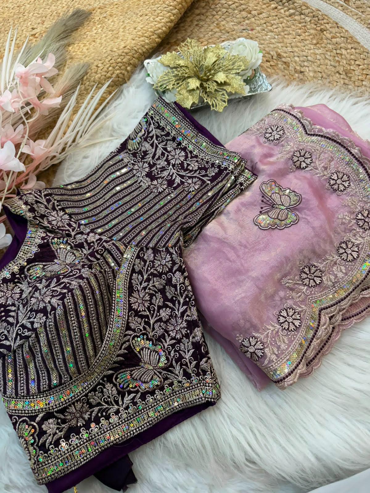 Beautiful embroidery sequence work heavy border with Buttas in all over saree