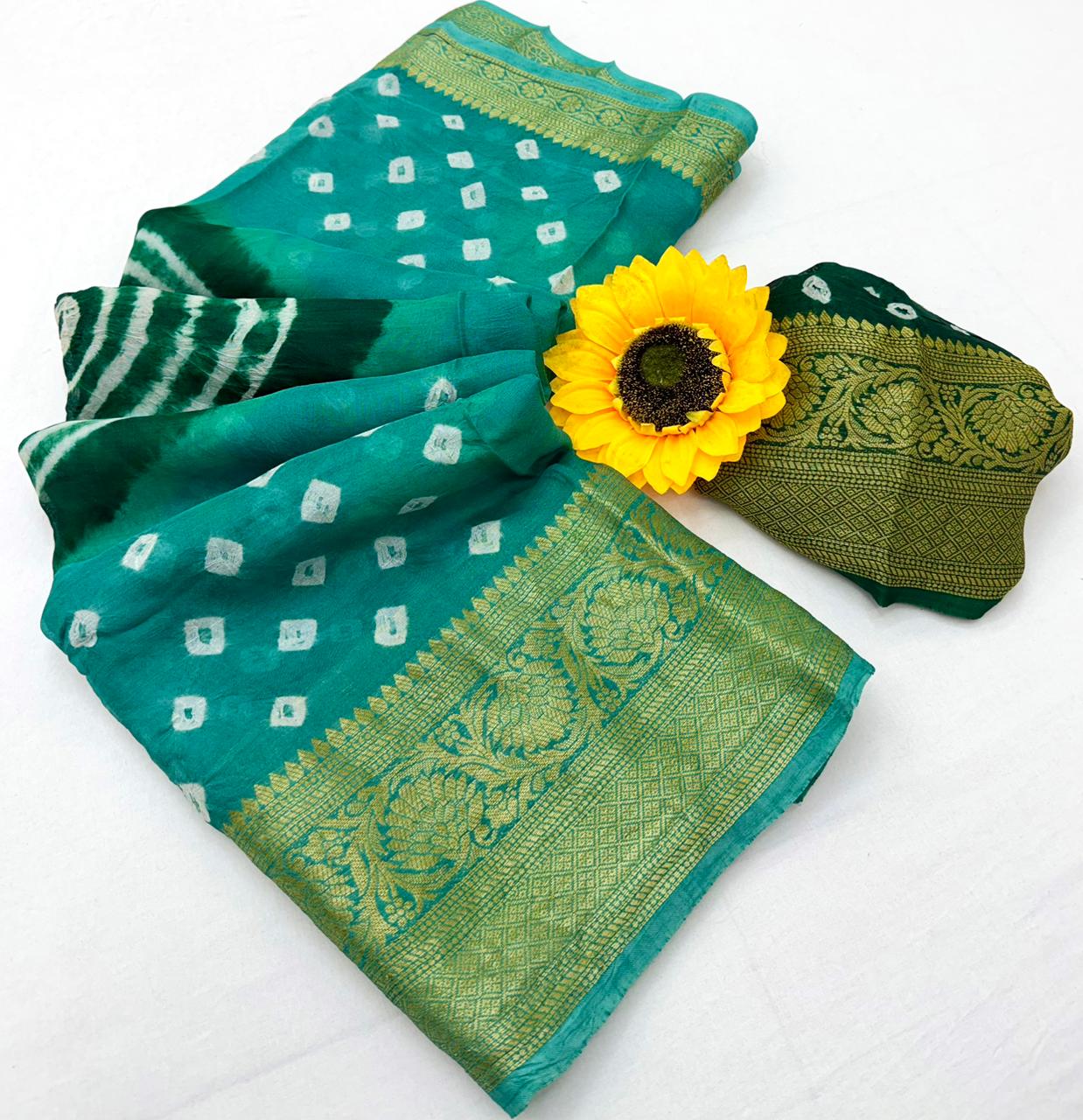comfortable Bandhej silk drapes with Kanchipuram jari border that is super stylish Saree