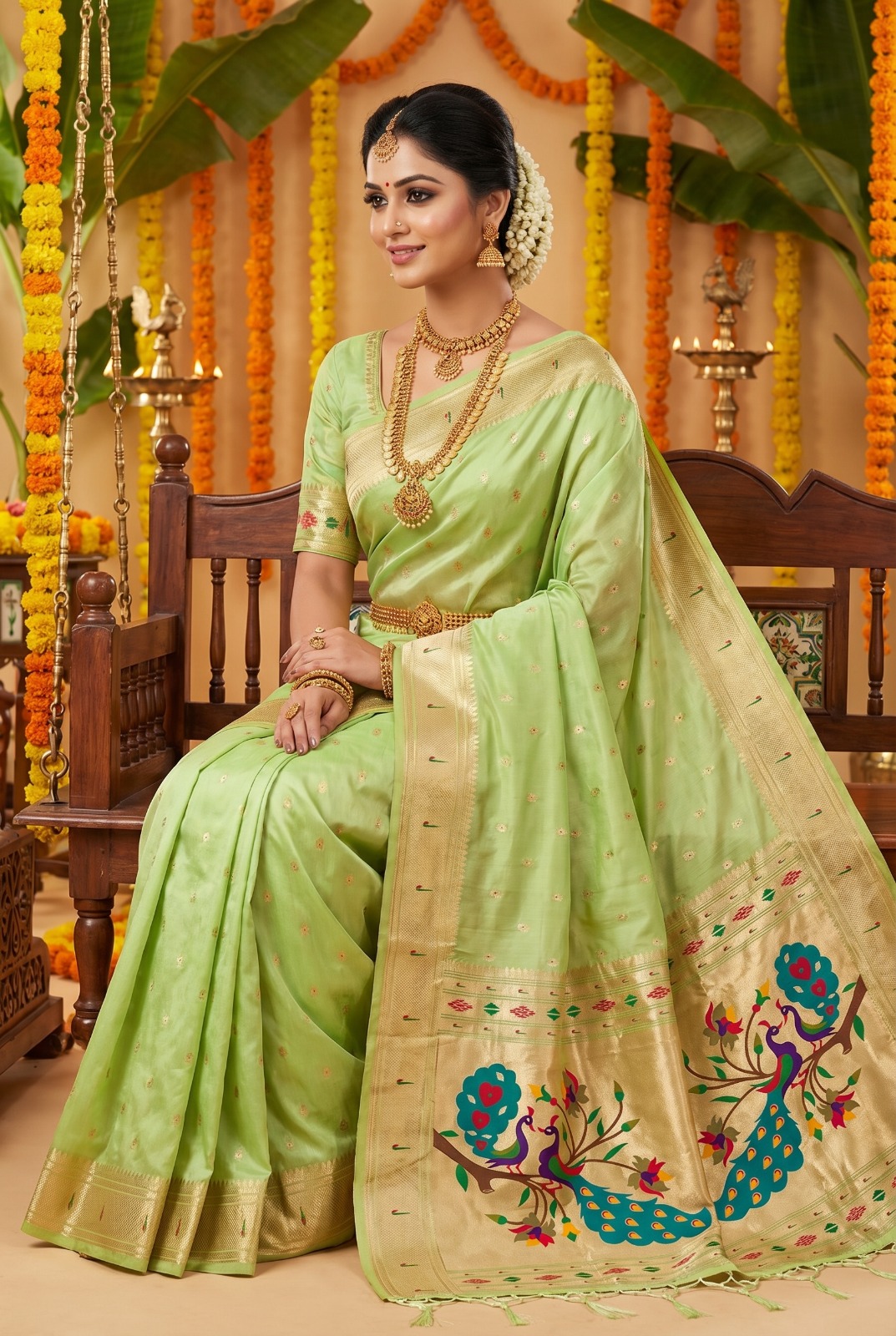 Soft and lustrous Organza silk fabric With Paithani Style offering a smooth, lightweight feel saree