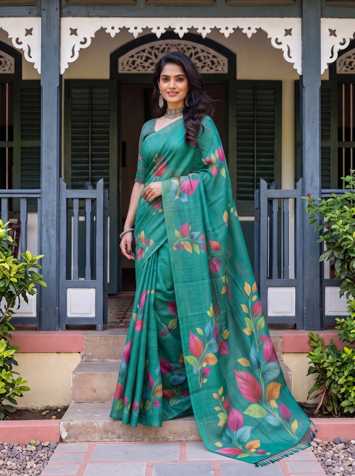 Beautiful Digital Leaf & Floral Print in an elegant teal green shade Saree