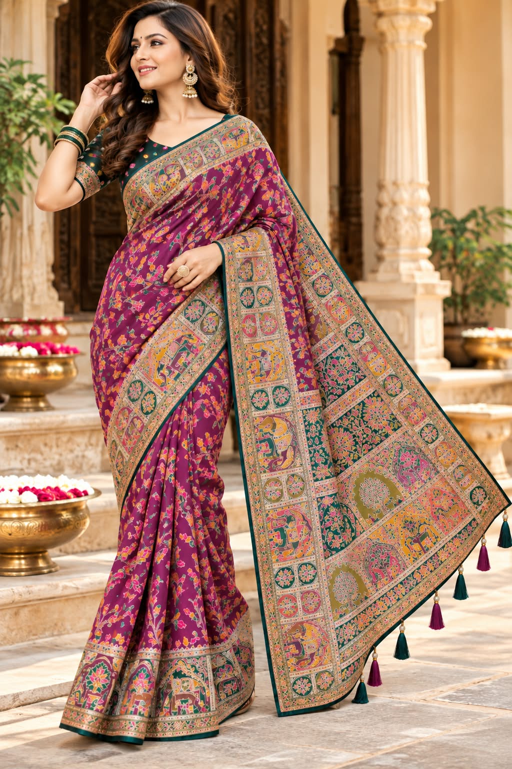 Premium quality Naylon Viscos Dola Silk Kasmiri Thread Fully Jaqurad Weveing Saree