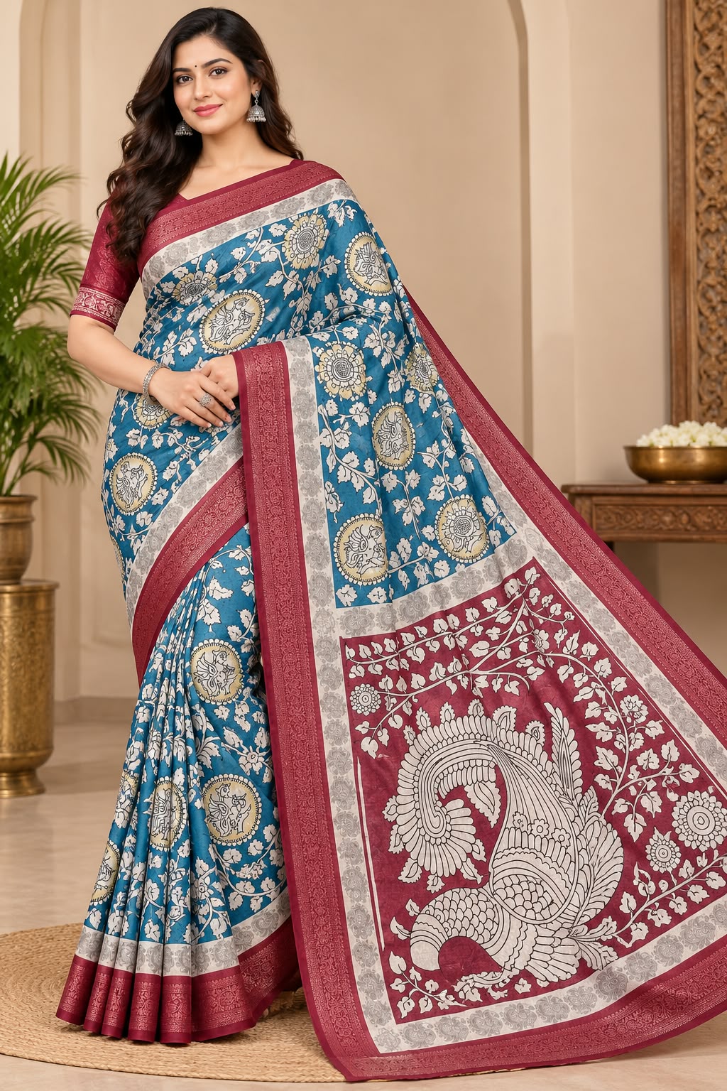 Purely Digital printing kalamkari peacock with flowers jaal Saree